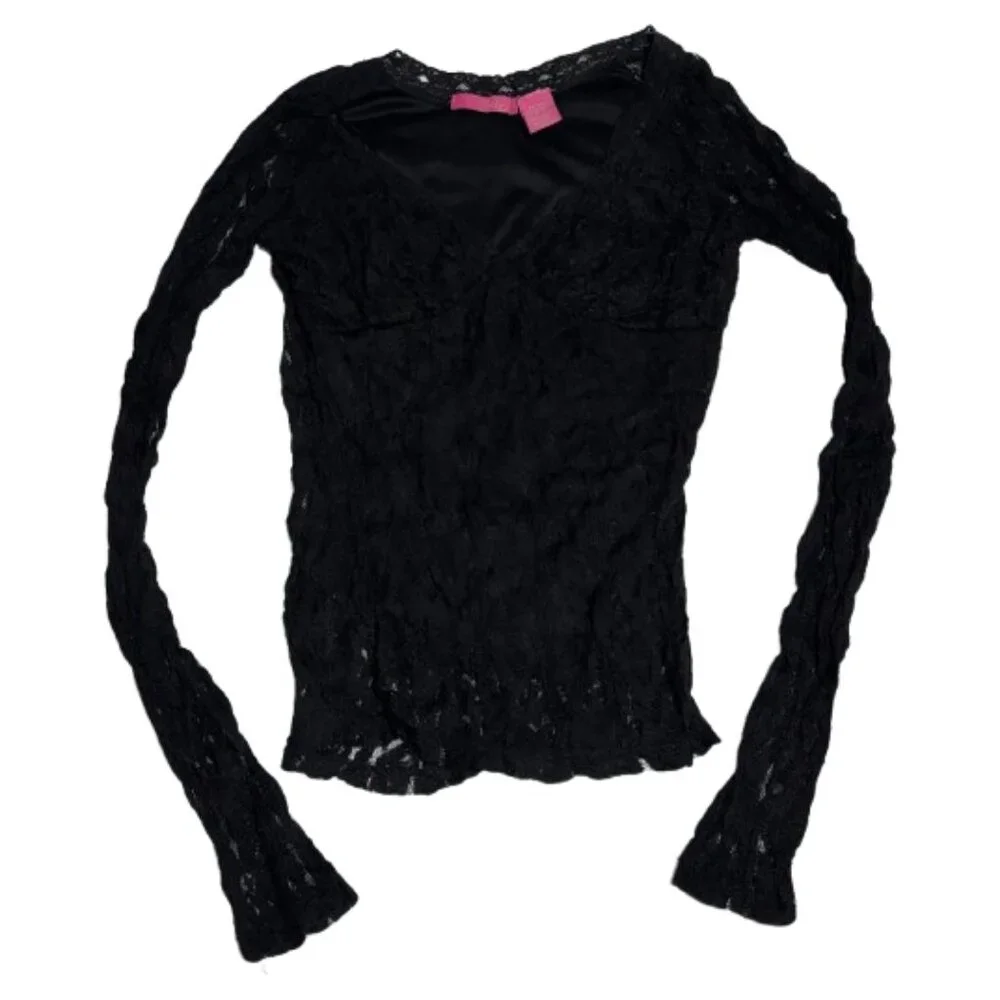 π€ Vintage Black Lace V-Neck Long-Sleeved Top With Lined Bodice π€ - Picture 1 of 2